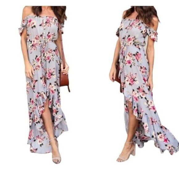 Vici Dresses & Skirts - VICI Gray Flora Hi Low Ruffle Hem Line Off The Shoulder Maxi Dress Size Large